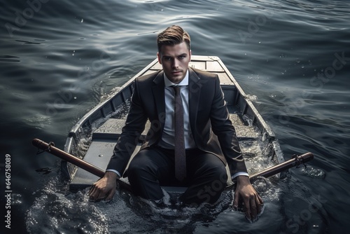 Businessman in a sinking boat in the ocean. 