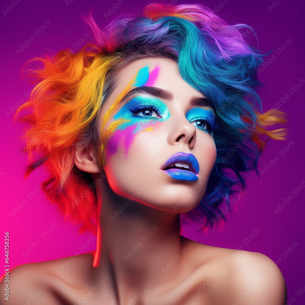 Portrait of beautiful young woman with colorful hair and bright makeup. Beautiful young woman in portrait with vibrant makeup and vivid hair. Art Portrait of a gorgeous lady with colorful hairstyle