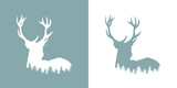Paisaje navideño o de invierno. Silueta de ciervo o reno de pie con bosque de árboles tipo pino o abeto en espacio negativo