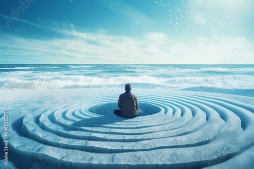 Man sitting ocean meditate alone. Generate Ai