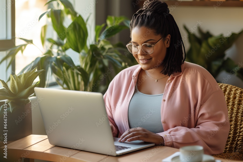 a positive plus size woman works at a laptop. The concept of remote work, communication with loved ones