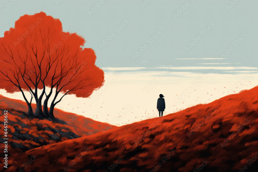 color block illustration of a woman standing far away with orange autumn landscape nature fall colours hand drawn digital art style calendar - obrazy, fototapety, plakaty 