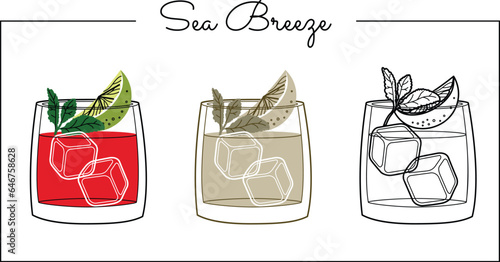 Alcohol drinks line art illustration. Vector illustration Sea Breeze