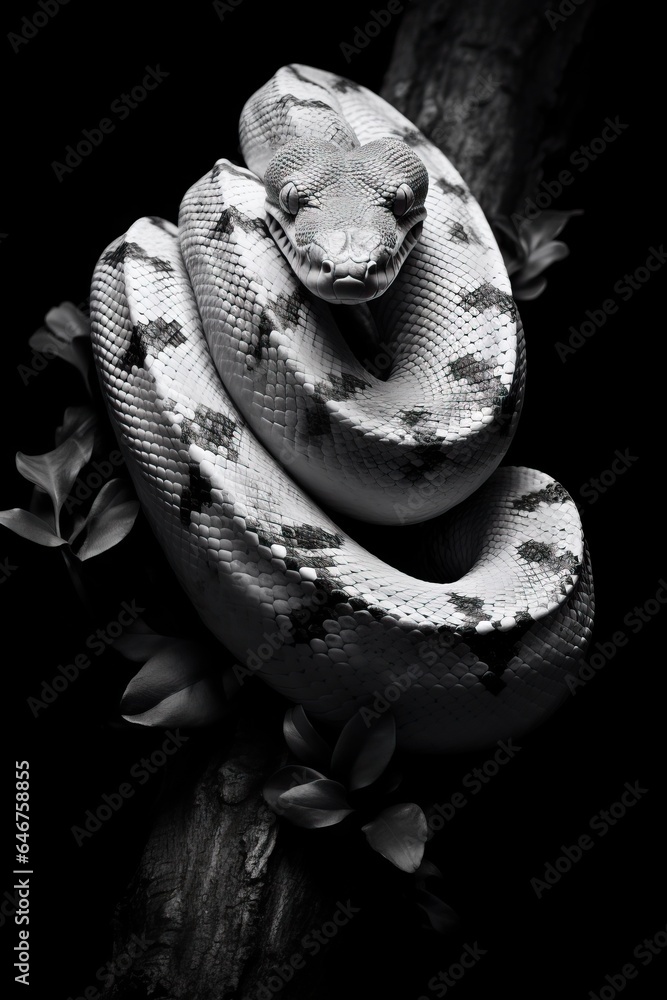 White common tree boa wrapping body around branch against black background in dark studio, black