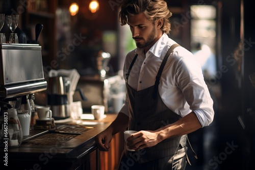 a young attractive male barista in elegant clothes white shirt and vest or an apron working at a cafe or a coffee house preparing warm beverages for the guests