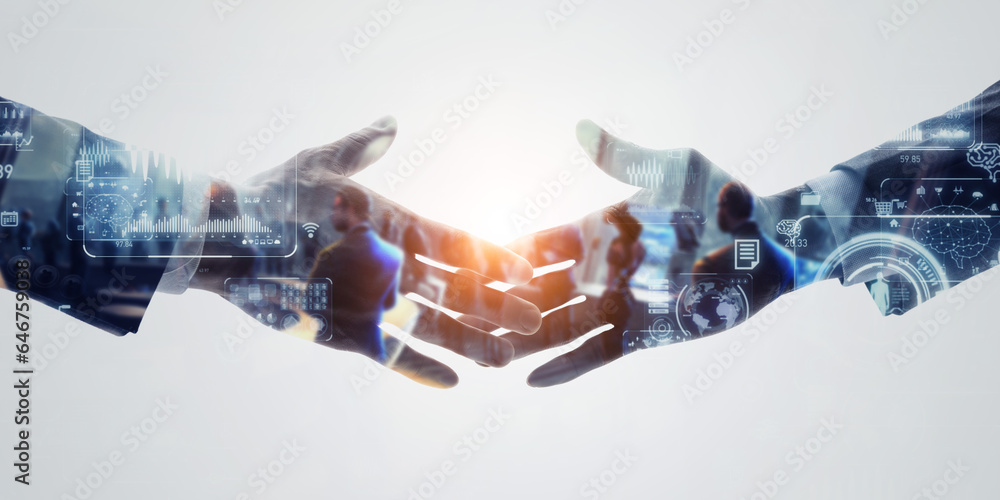 Group of multinational people  shaking hands and digital technology concept. Wide angle visual for banners or advertisements.