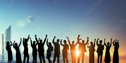Group of multinational people cheering in front of futuristic city concept. Wide angle visual for banners or advertisements.