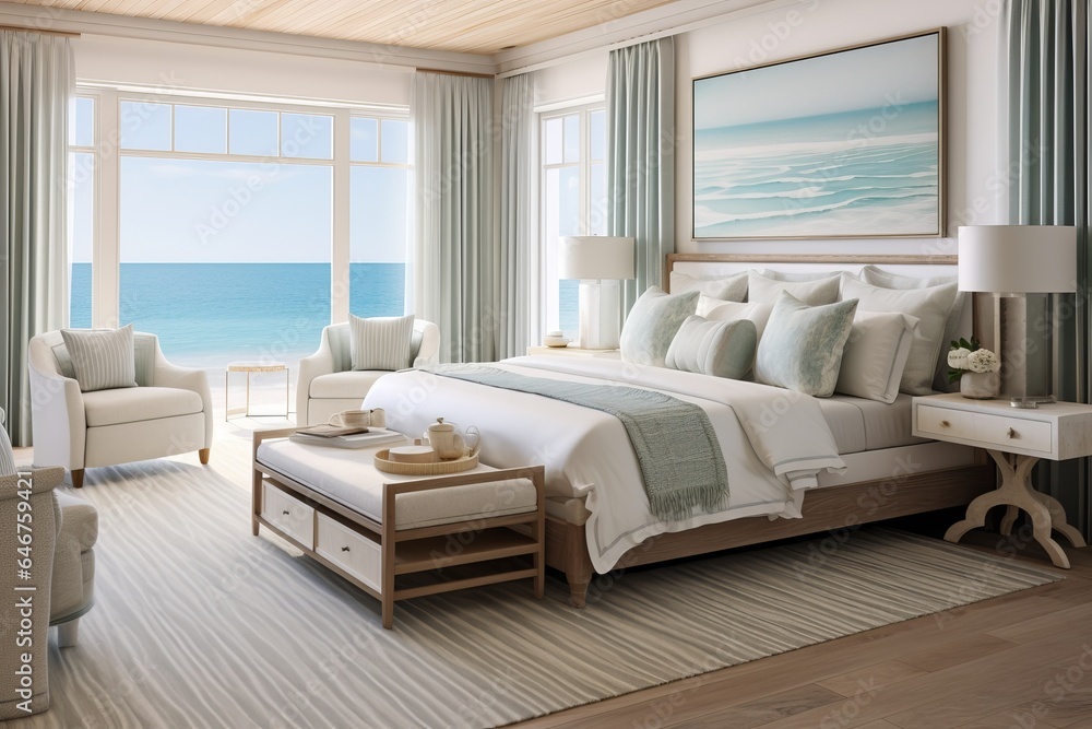 Cozy southern Mediterranean interior of a spacious bedroom with ocean view: wooden furniture and headboard, beige colored details and off-white bedsheets and pillows, blue textiles decorating space