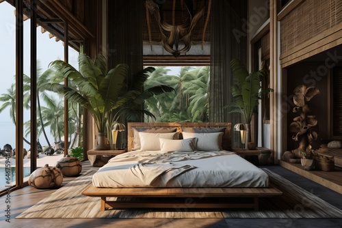 Cozy southern tropical interior of spacious bedroom: king size bed, wooden bamboo furniture and headboard, beige colored rattan details and off-white bedsheets, many green plants decorating the space © Romana