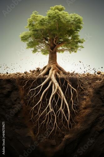 Tapety artystyczne Section soil tree big root banner. Generate Ai