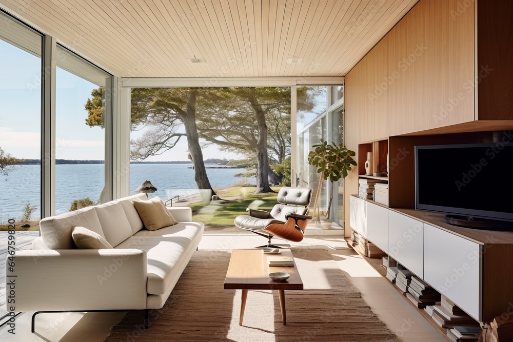 Fototapeta premium Cozy southern Mediterranean interior of a spacious living-room with ocean view: wooden furniture, beige colored details and off-white pillows, blue textiles decorating space