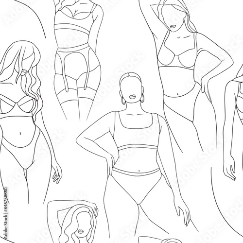 Women In Glitter Lingerie Line Art Pattern