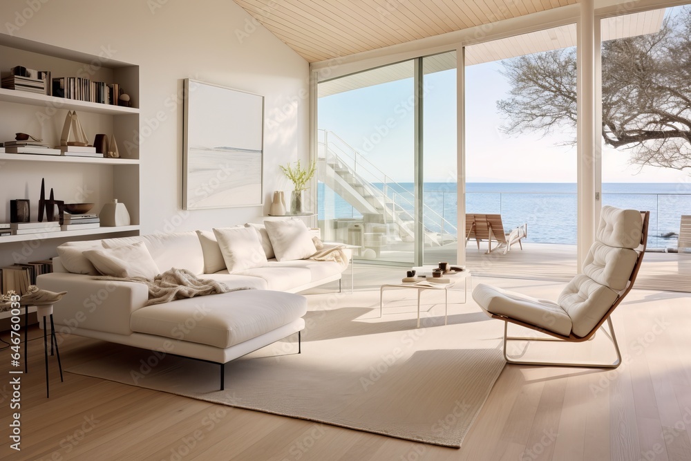 Cozy southern Mediterranean interior of a spacious living-room with ocean view: wooden furniture, beige colored details and off-white pillows, blue textiles decorating space