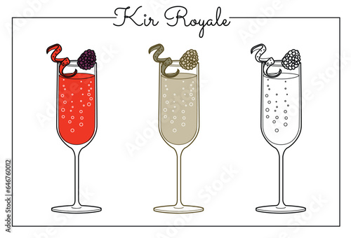 Alcohol drinks line art illustration. Vector illustration Kir Royale
