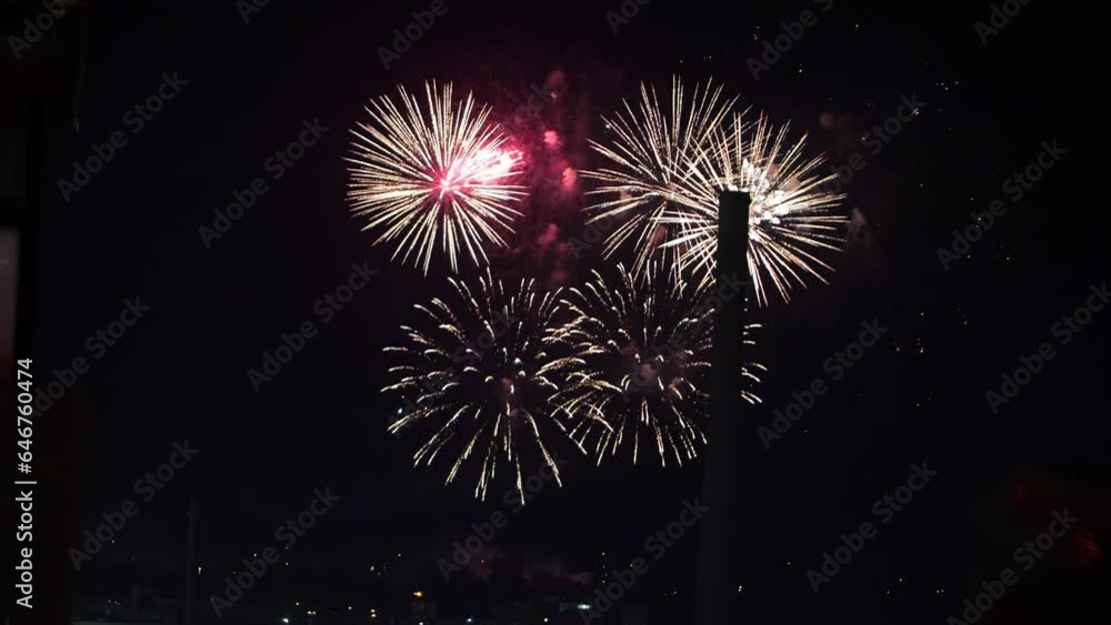Beautiful fireworks exploding in the night sky over the city Beautiful fireworks exploding in the night sky over the city