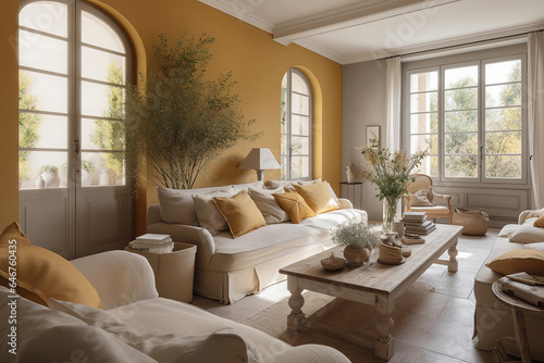 Provence interior, living room in the countryside, natural and earth tones