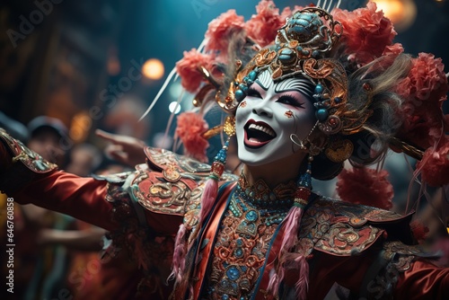 Vibrant images of Chinese opera performers in elaborate costumes and makeup, Generated with AI
