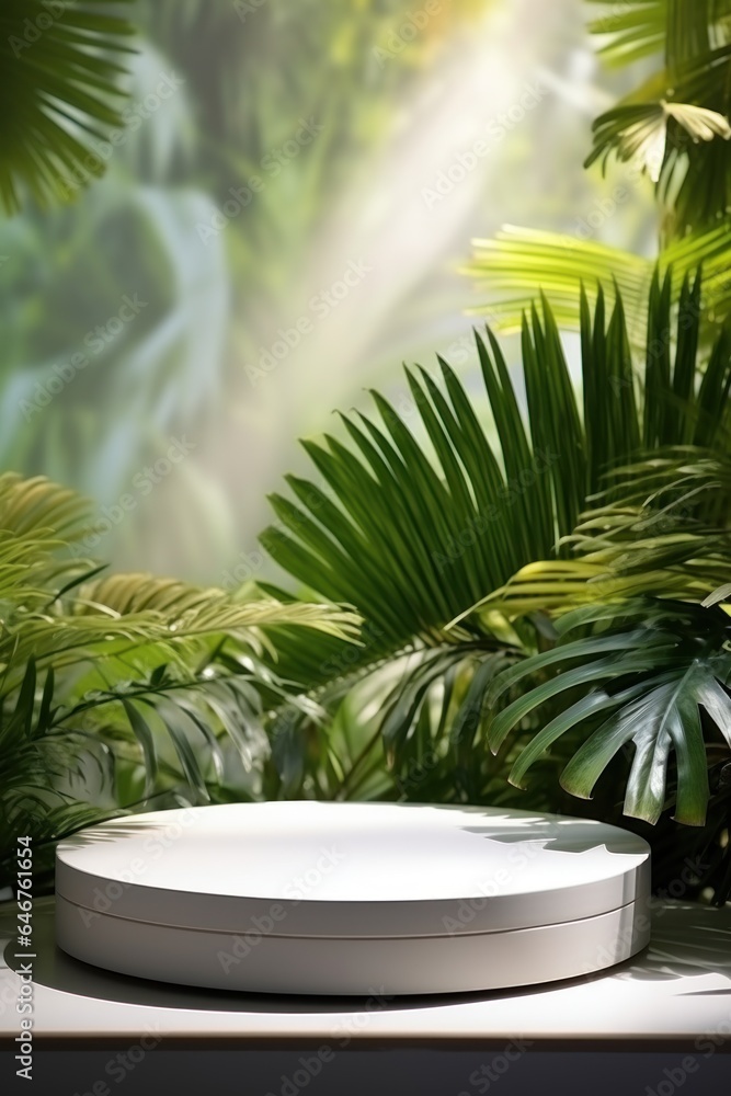 Round white podium on a wall background with tropical leaves, podium mock up for product presentation Round white podium on a wall background with tropical leaves, podium mock up for product presentation
