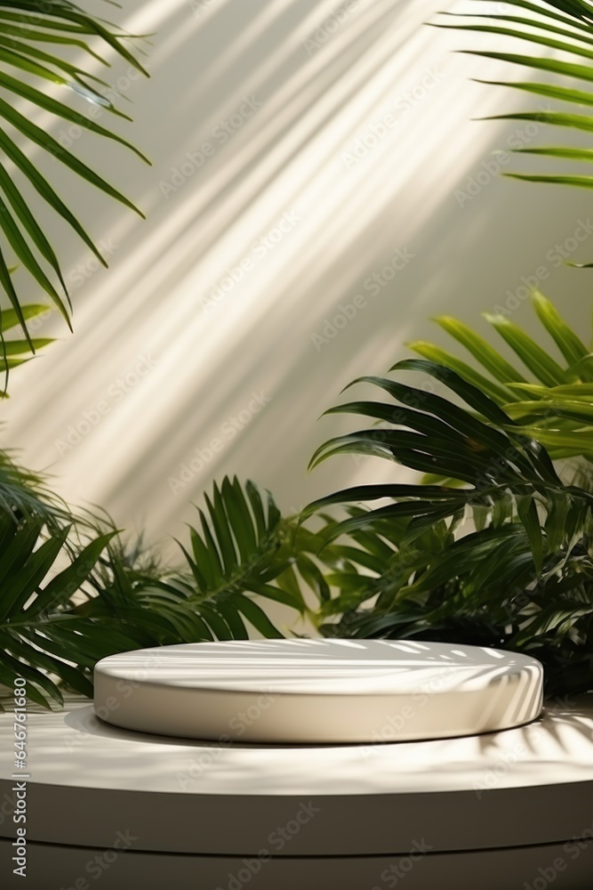 Round white podium on a wall background with tropical leaves, podium mock up for product presentation Round white podium on a wall background with tropical leaves, podium mock up for product presentation
