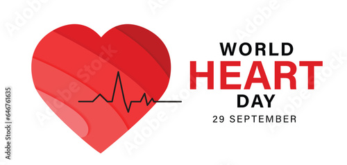 World heart day banner with red heart and pulse trace