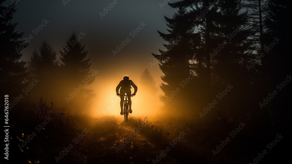 Fototapeta premium mountain bike in the night fog in the mountain forest extreme sports background in the rays of light