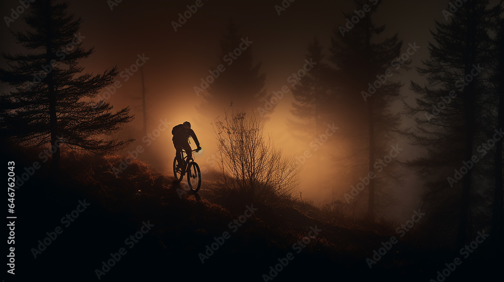 Fototapeta premium mountain bike in the night fog in the mountain forest extreme sports background in the rays of light
