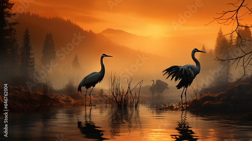 silhouettes of cranes in autumn fog, wildlife landscape sunrise