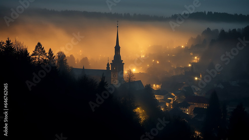 church in the night fog in the European mountains landscape panoramic view © kichigin19