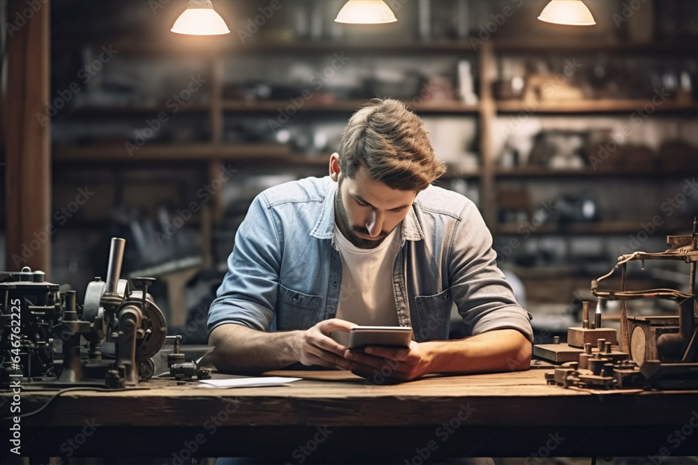 A young man sitting at a table in a workshop looking at his phone