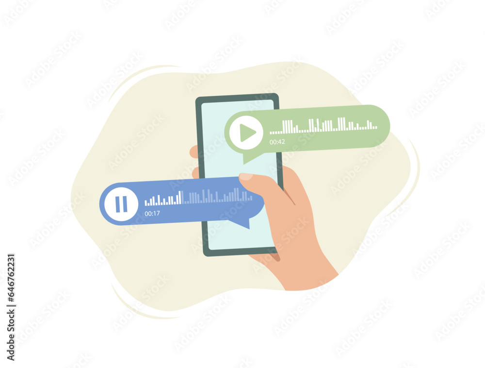 Voice Messages Concept. Smartphone Chat Bubbles for Voice Message Chat and Event Audio Notifications with sound bubble. Vector isolated illustration on white background with icons