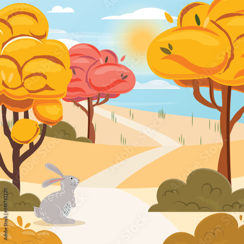 Autumn illustration with golden trees, blue sky and little rabbit jumped from the forest © Marina