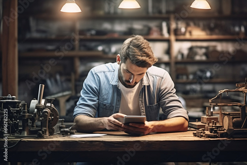 A young man sitting at a table in a workshop looking at his phone