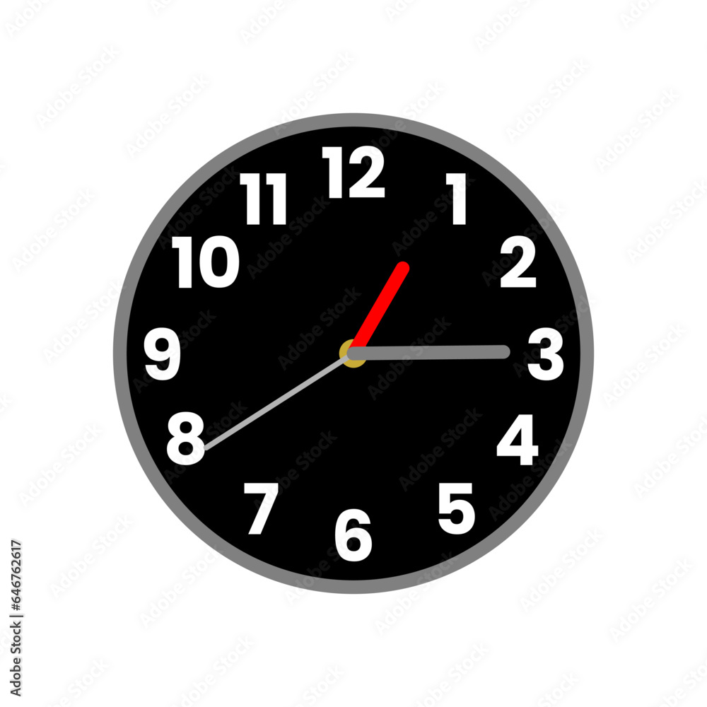 Black wall home clock in colored flat icon style. Elegant wall clock with red clockwise. Vector illustration in trendy style. Editable graphic resources for many purposes. Black wall home clock in colored flat icon style. Elegant wall clock with red clockwise. Vector illustration in trendy style. Editable graphic resources for many purposes.