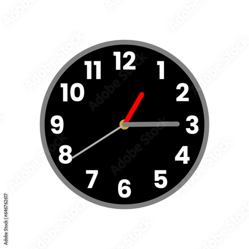 Black wall home clock in colored flat icon style. Elegant wall clock with red clockwise. Vector illustration in trendy style. Editable graphic resources for many purposes.