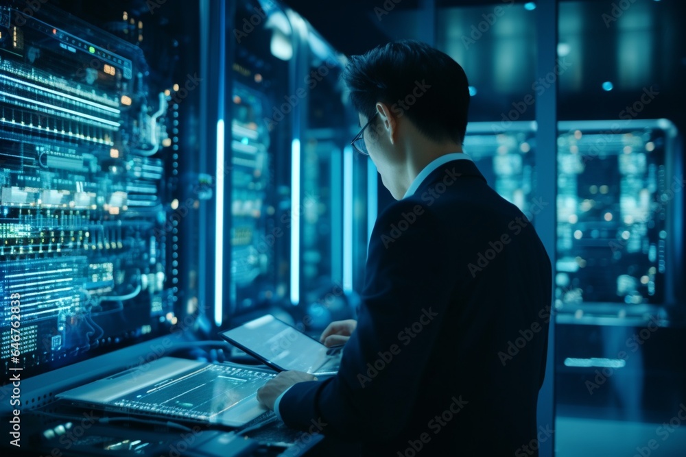 Technician is checking the system in server room. Technician is checking the system in server room.