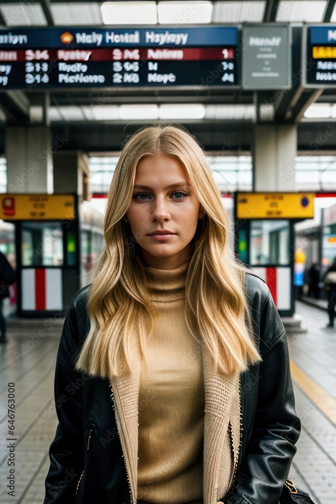 Traveler young woman stay on on the railway station with luggage. Generative AI
