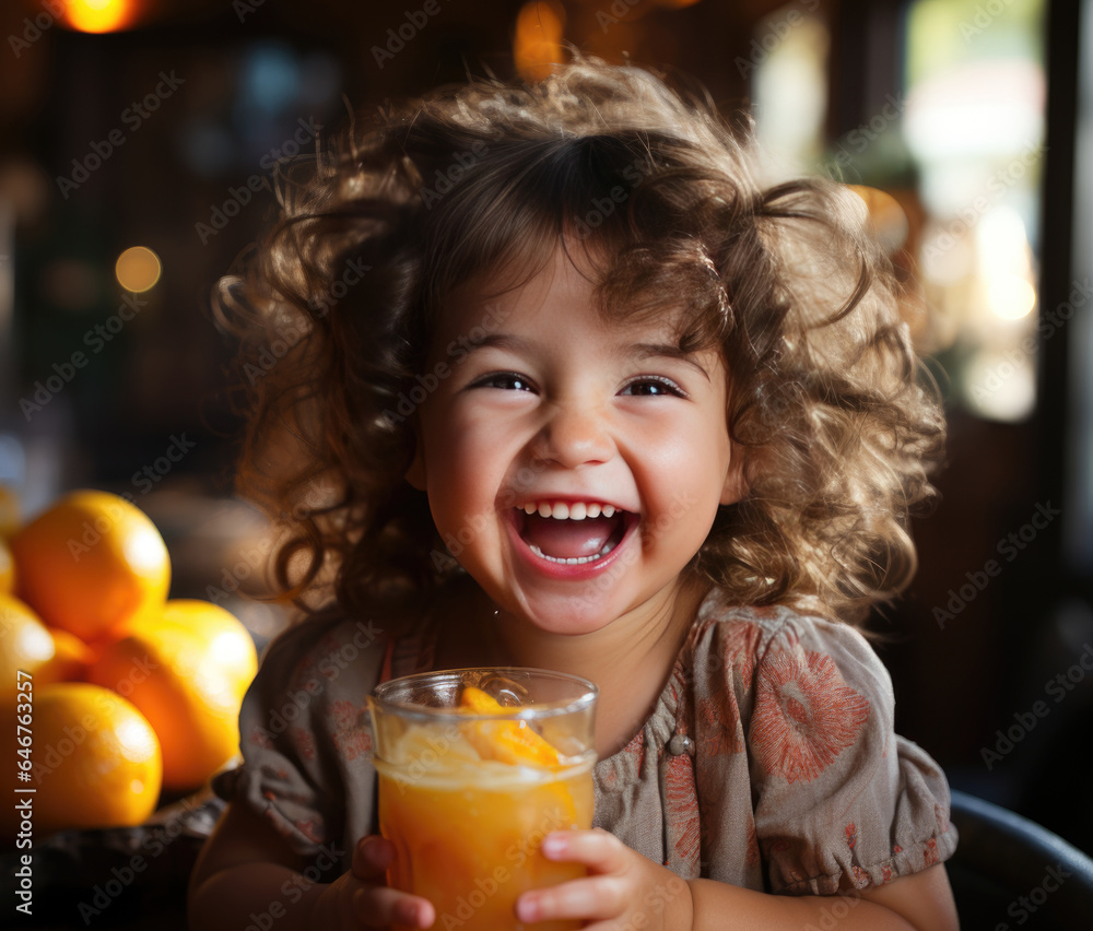 little curly girl sits in the kitchen with a large glass of orange juice, smiling cheerfully. Summer mood. AI generated. little curly girl sits in the kitchen with a large glass of orange juice, smiling cheerfully. Summer mood. AI generated.