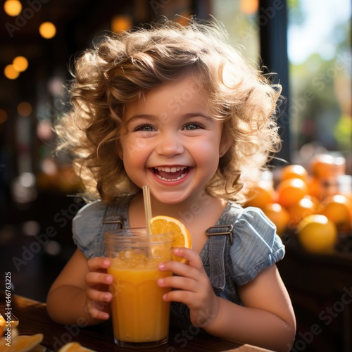 little curly blonde girl drinks orange juice from a large glass with a straw, smiling cheerfully in the frame. sitting at a wooden table in the kitchen in the village. AI generated.