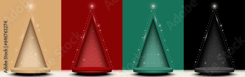 Set of abstract stage podium with triangle shape wall background. Pedestal design for product display on Christmas day. Vector illustration.