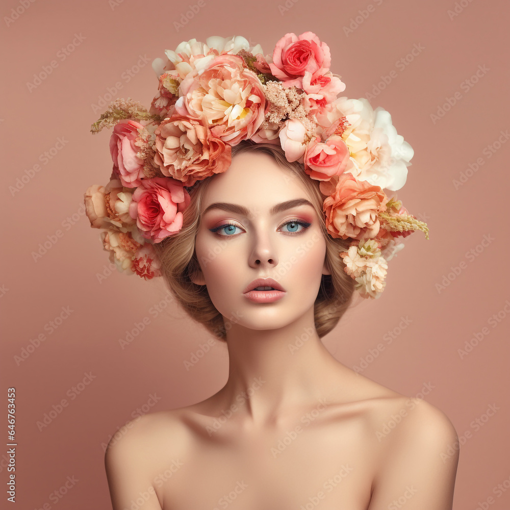 Portrait of beautiful young woman with flowers in her hair. Beauty concept. Fashion portrait of beautiful young woman with flowers in her hair.  Attractive girl with wreath  flowers. AI generated