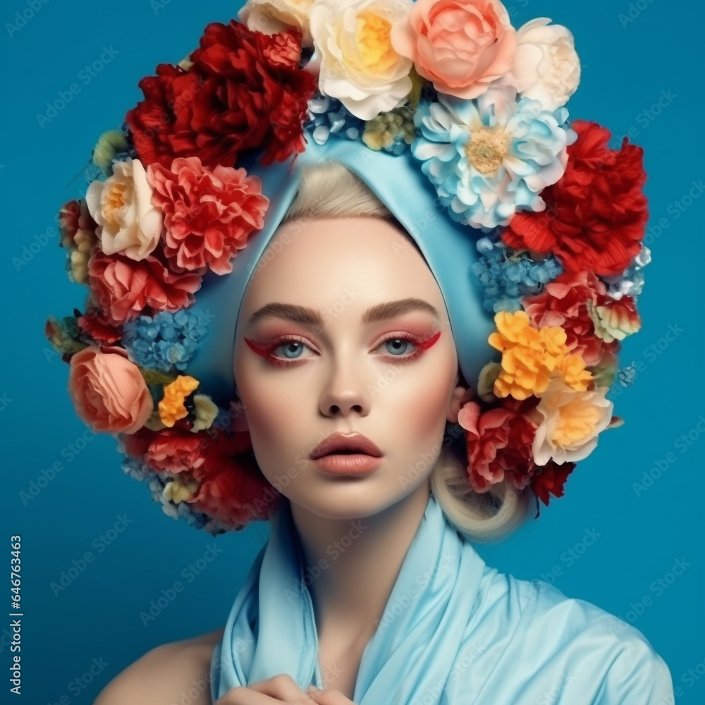 Portrait of beautiful young woman with flowers in her hair. Beauty concept. Fashion portrait of beautiful young woman with flowers in her hair.  Attractive girl with wreath  flowers. AI generated