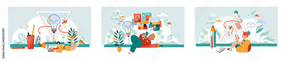 Naklejka premium Creative ideas and technologies concept. Boy with smartphone, art teacher, flying ahead ideas and creative things. Child playing game on phone. Watching online drawing lesson, looking at pictures