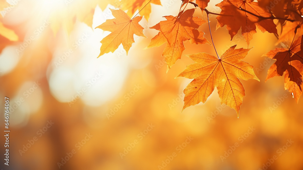 maple leaves on abstract blurred background with bokeh copy space, light bright autumn background for text