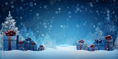 Merry Christmas and new year  gift boxes bokeh background. Christmas gifts background.