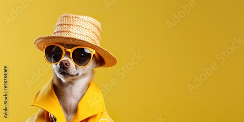 Cool looking Chihuahua dog wearing funky fashion dress. space for text right side. © AbGoni