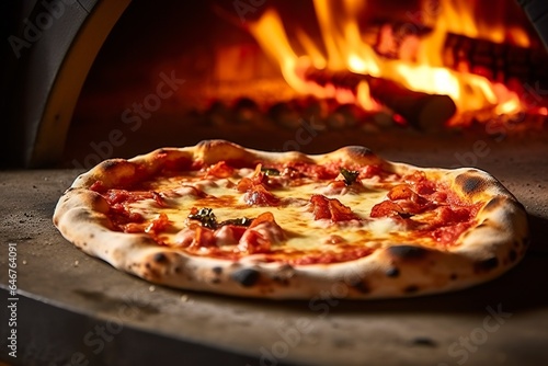 Freshly baked pizza closeup, traditional wood fired oven background.