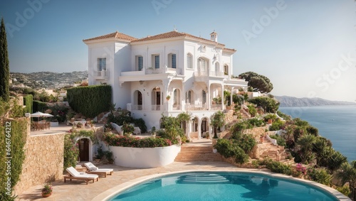 White traditional home with a pool, perched on a hill with a breathtaking sea view. Background of the summer holiday