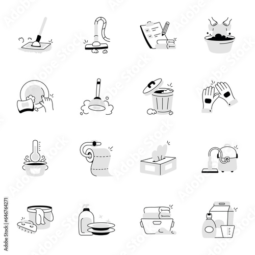 Trendy Cleaning Hand Drawn Icons