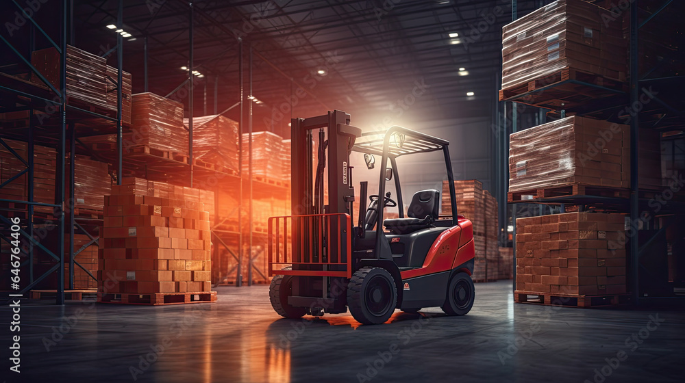 A modern forklift lifting product pallets in large warehouse. Generative Ai