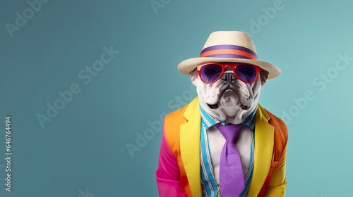 Cool looking bulldog wearing funky fashion dress. space for text right side.